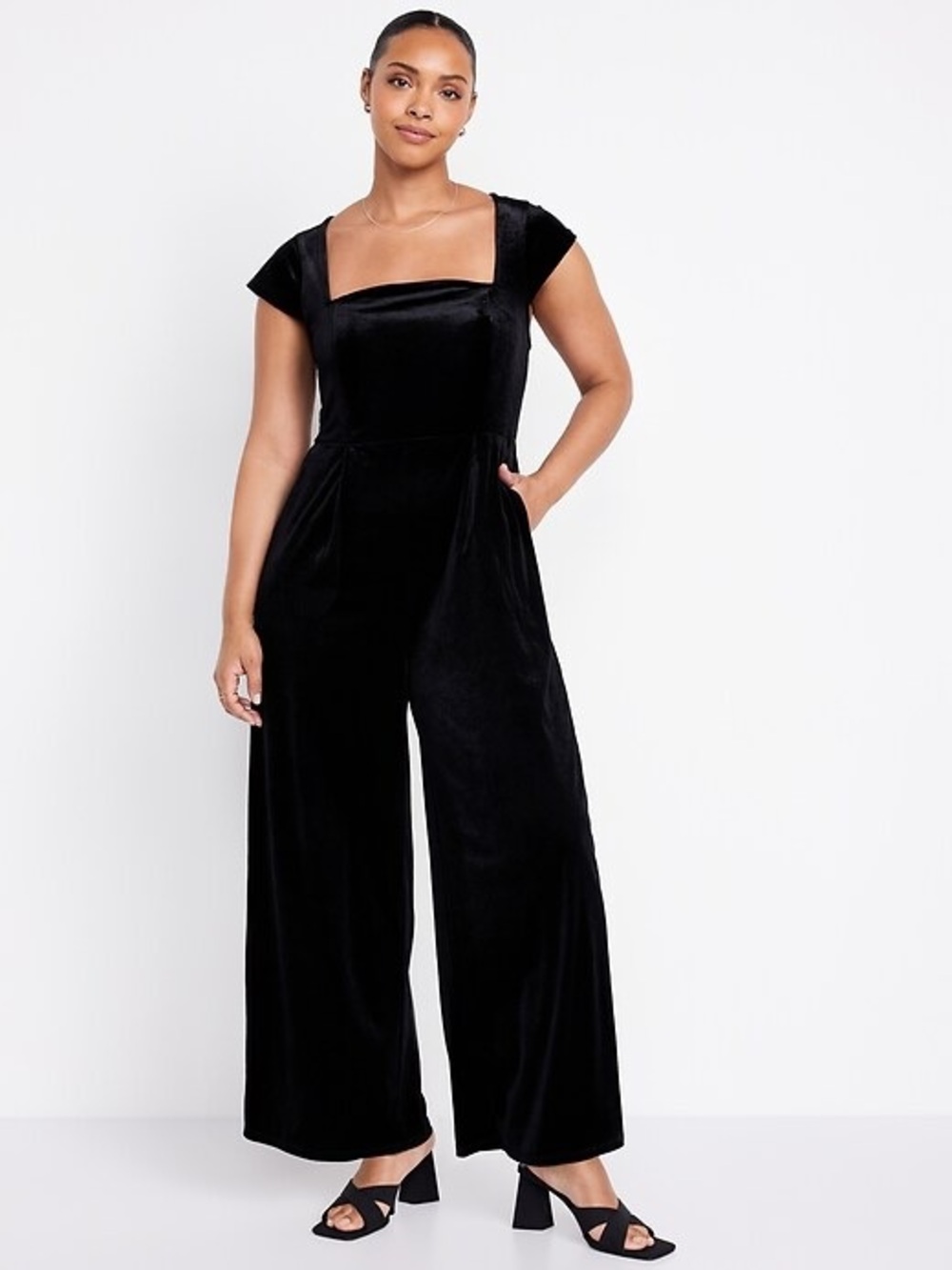 Square Neck Black Velvet Wide Legged Jumpsuit with Back Cutout